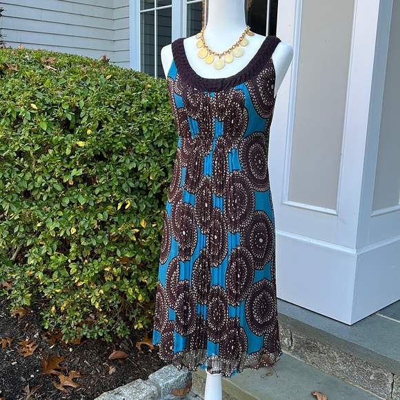 🔥2 x HP🔥VTG Tory Burch Silk Dress Sz 2/4, turquoise/brown pattern - Picture 4 of 15